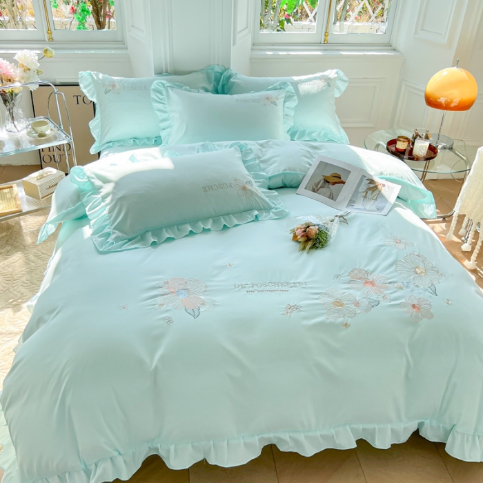 91家纺网 家纺一手货源 找家纺 ab家纺 2023新款满绣水洗棉四件套 水兰