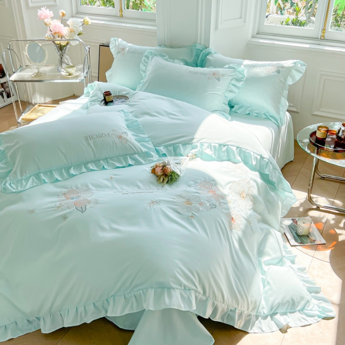 91家纺网 家纺一手货源 找家纺 ab家纺 2023新款满绣水洗棉四件套 水兰