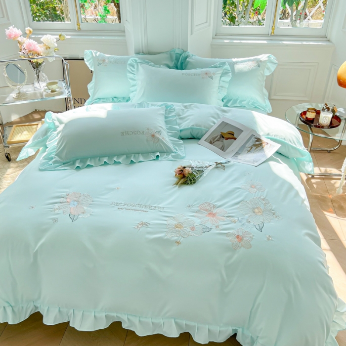 91家纺网 家纺一手货源 找家纺 ab家纺 2023新款满绣水洗棉四件套 水兰