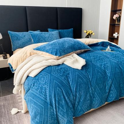 91家纺网 家纺一手货源 找家纺 铠畅 2023新款230克牛奶绒烂花邂逅系列四件套 邂逅宝蓝