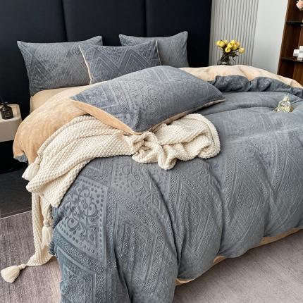 91家纺网 家纺一手货源 找家纺 铠畅 2023新款230克牛奶绒烂花邂逅系列四件套 邂逅高级灰