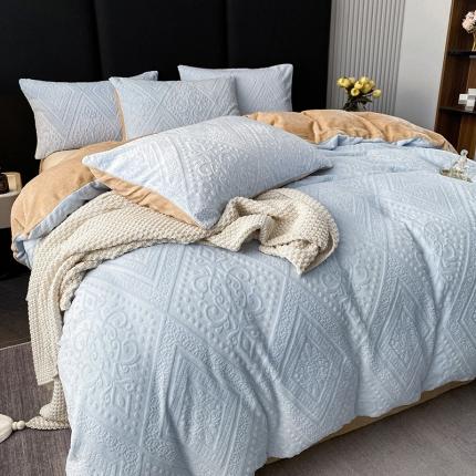 91家纺网 家纺一手货源 找家纺 铠畅 2023新款230克牛奶绒烂花邂逅系列四件套 邂逅浅蓝