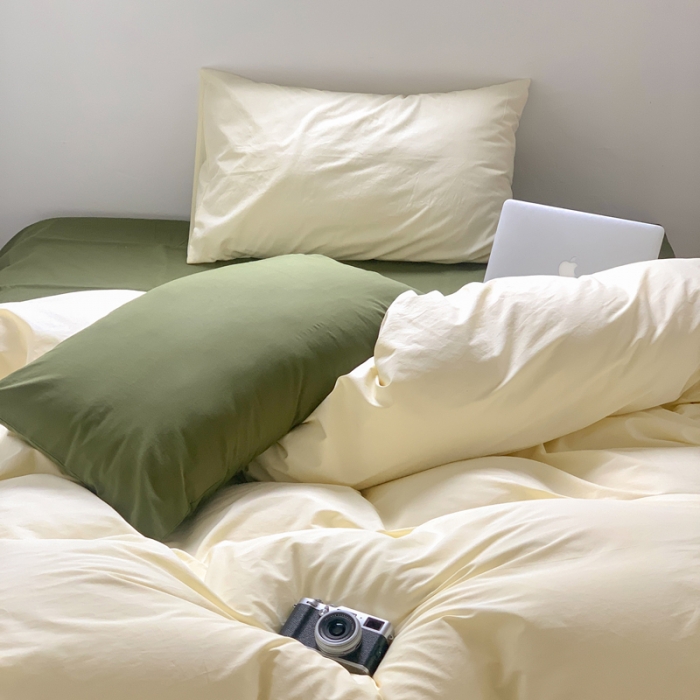 91家纺网 家纺一手货源 找家纺 例外Home新款40s全棉水洗棉混搭系列四件套 豆汁黄橄榄绿