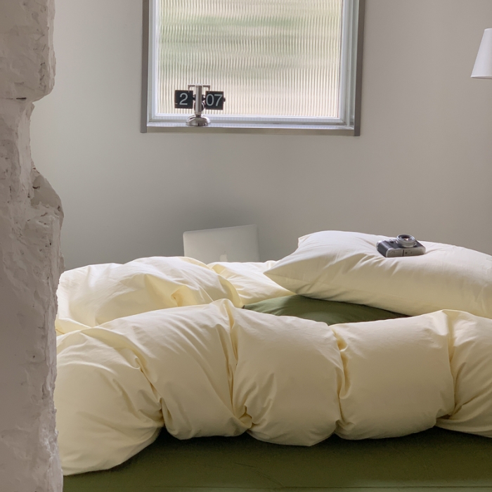 91家纺网 家纺一手货源 找家纺 例外Home新款40s全棉水洗棉混搭系列四件套 豆汁黄橄榄绿