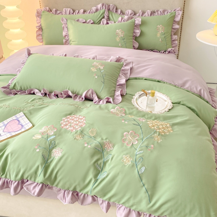 91家纺网 家纺一手货源 找家纺 富盛 2024新款水洗亲肤棉刺绣四件套公主风四件套 幸运花—绿