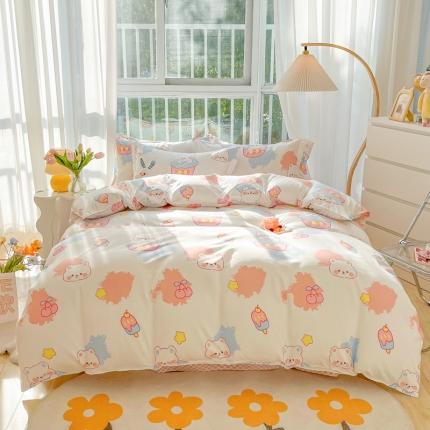 91家纺网 家纺一手货源 找家纺 花伞家居 2022直播网销斜纹加厚磨毛印花植物羊绒四件套蛋糕熊