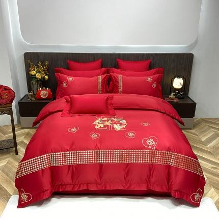 91家纺网 家纺一手货源 找家纺 栩裕纺织 2025新款亲肤刺绣绣花婚庆四件套 囍连囍