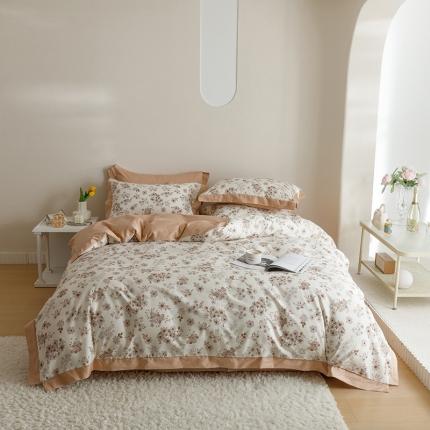 91家纺网 家纺一手货源 找家纺 简宜家居 2023新款纯棉全棉斜纹小清新宽边四件套 素雅灰