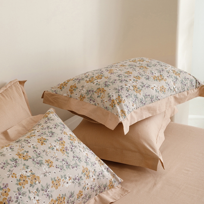 91家纺网 家纺一手货源 找家纺 简宜家居 2023新款纯棉全棉斜纹小清新宽边四件套 繁花咖