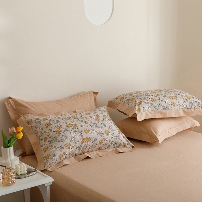 91家纺网 家纺一手货源 找家纺 简宜家居 2023新款纯棉全棉斜纹小清新宽边四件套 繁花咖