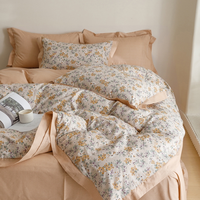 91家纺网 家纺一手货源 找家纺 简宜家居 2023新款纯棉全棉斜纹小清新宽边四件套 繁花咖