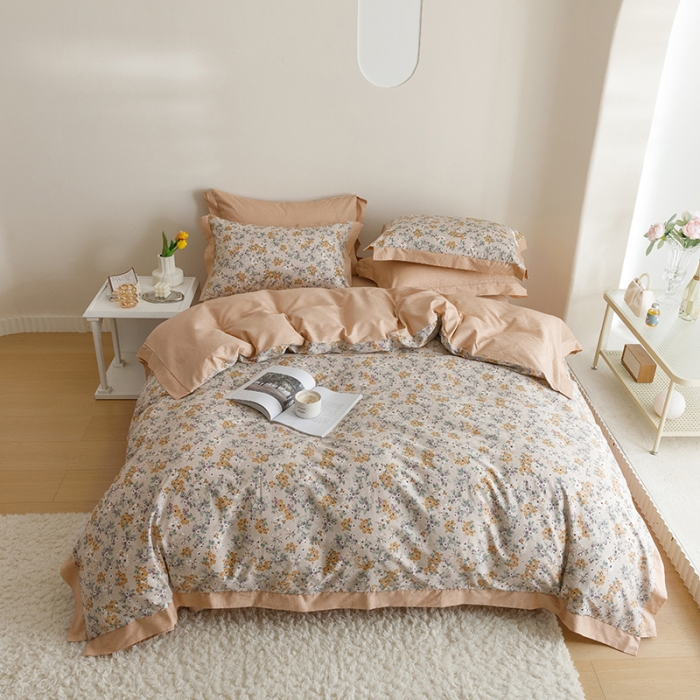 91家纺网 家纺一手货源 找家纺 简宜家居 2023新款纯棉全棉斜纹小清新宽边四件套 繁花咖