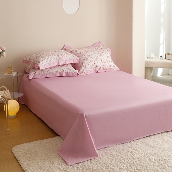 91家纺网 家纺一手货源 找家纺 简宜家居 2023新款纯棉全棉斜纹小清新宽边四件套 花忆粉