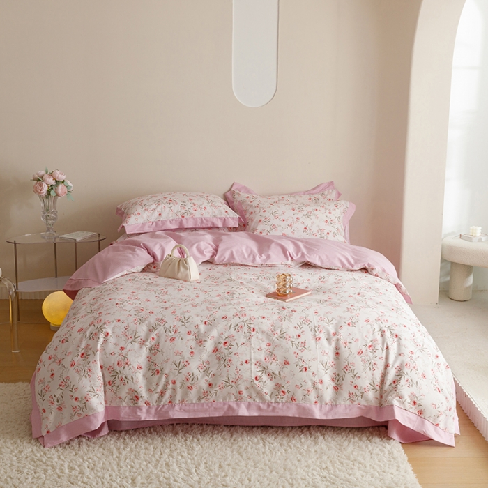 91家纺网 家纺一手货源 找家纺 简宜家居 2023新款纯棉全棉斜纹小清新宽边四件套 花忆粉