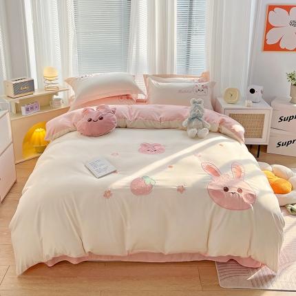 91家纺网 家纺一手货源 找家纺 （总）娜娜 2023新款加密水洗棉刺绣四件套-萌萌兔