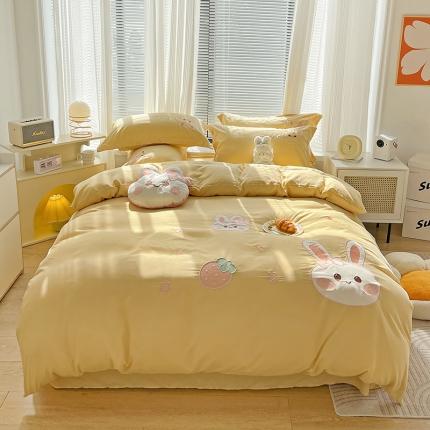 91家纺网 家纺一手货源 找家纺 娜娜 2023新款加密水洗棉刺绣四件套-萌萌兔 萌萌兔-奶油黄