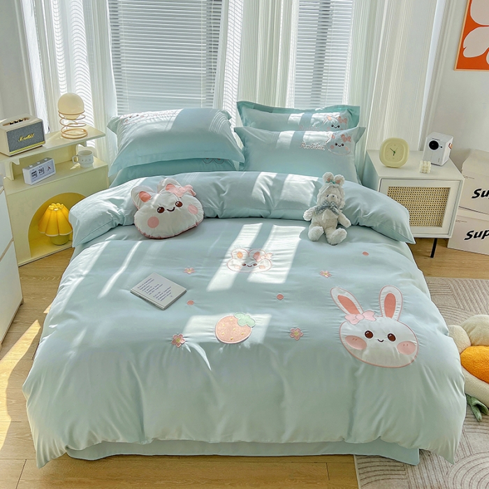 91家纺网 家纺一手货源 找家纺 娜娜 2023新款加密水洗棉刺绣四件套-萌萌兔 萌萌兔-繁星蓝