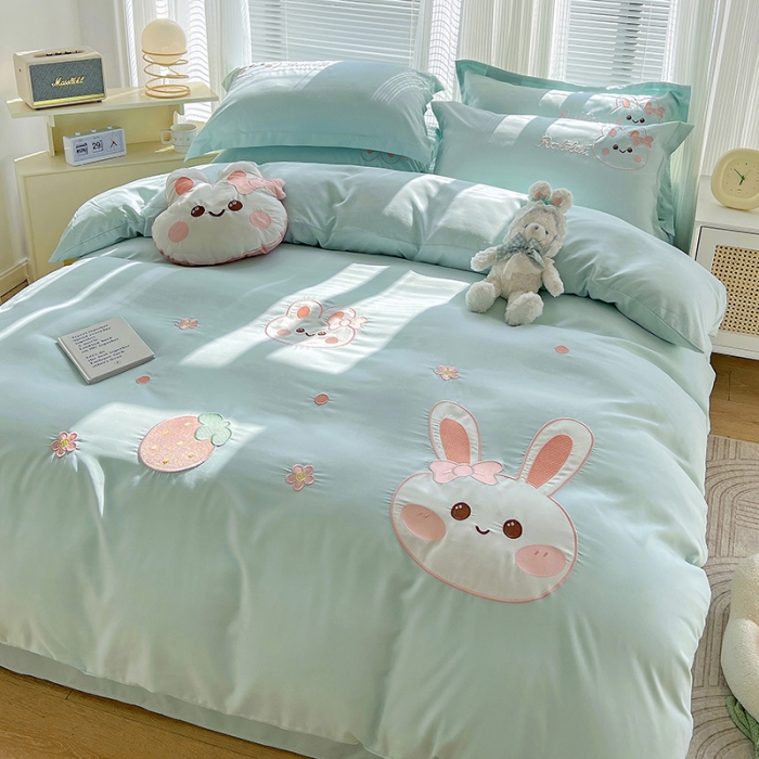 91家纺网 家纺一手货源 找家纺 娜娜 2023新款加密水洗棉刺绣四件套-萌萌兔 萌萌兔-繁星蓝