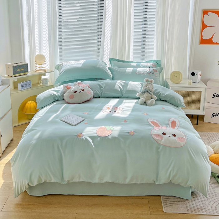 91家纺网 家纺一手货源 找家纺 娜娜 2023新款加密水洗棉刺绣四件套-萌萌兔 萌萌兔-繁星蓝