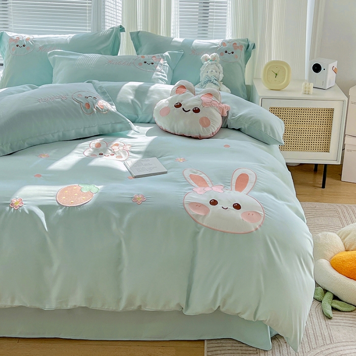 91家纺网 家纺一手货源 找家纺 娜娜 2023新款加密水洗棉刺绣四件套-萌萌兔 萌萌兔-繁星蓝