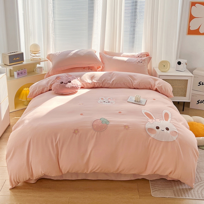 91家纺网 家纺一手货源 找家纺 娜娜 2023新款加密水洗棉刺绣四件套-萌萌兔 萌萌兔-粉