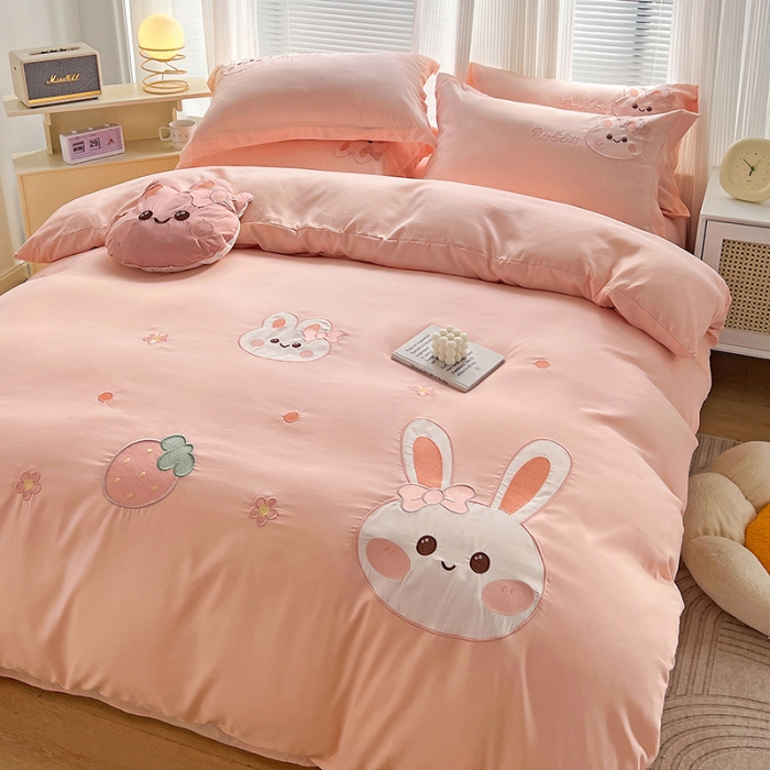 91家纺网 家纺一手货源 找家纺 娜娜 2023新款加密水洗棉刺绣四件套-萌萌兔 萌萌兔-粉