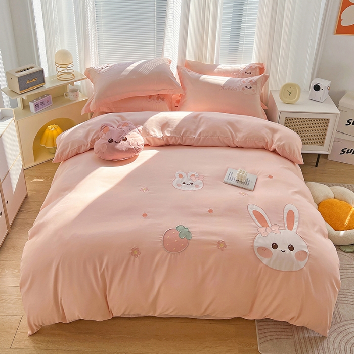 91家纺网 家纺一手货源 找家纺 娜娜 2023新款加密水洗棉刺绣四件套-萌萌兔 萌萌兔-粉