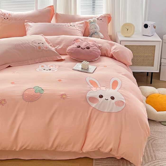 91家纺网 家纺一手货源 找家纺 娜娜 2023新款加密水洗棉刺绣四件套-萌萌兔 萌萌兔-粉