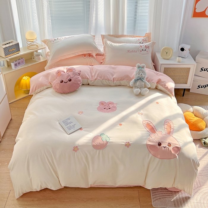 91家纺网 家纺一手货源 找家纺 娜娜 2023新款加密水洗棉刺绣四件套-萌萌兔 萌萌兔-奶昔白