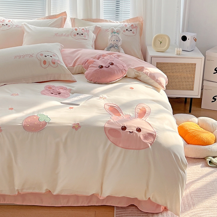 91家纺网 家纺一手货源 找家纺 娜娜 2023新款加密水洗棉刺绣四件套-萌萌兔 萌萌兔-奶昔白