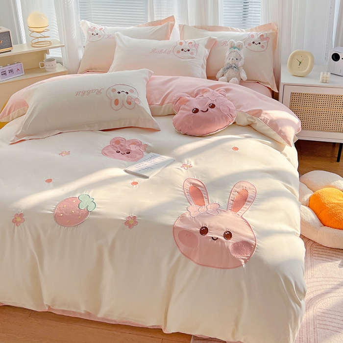 91家纺网 家纺一手货源 找家纺 娜娜 2023新款加密水洗棉刺绣四件套-萌萌兔 萌萌兔-奶昔白