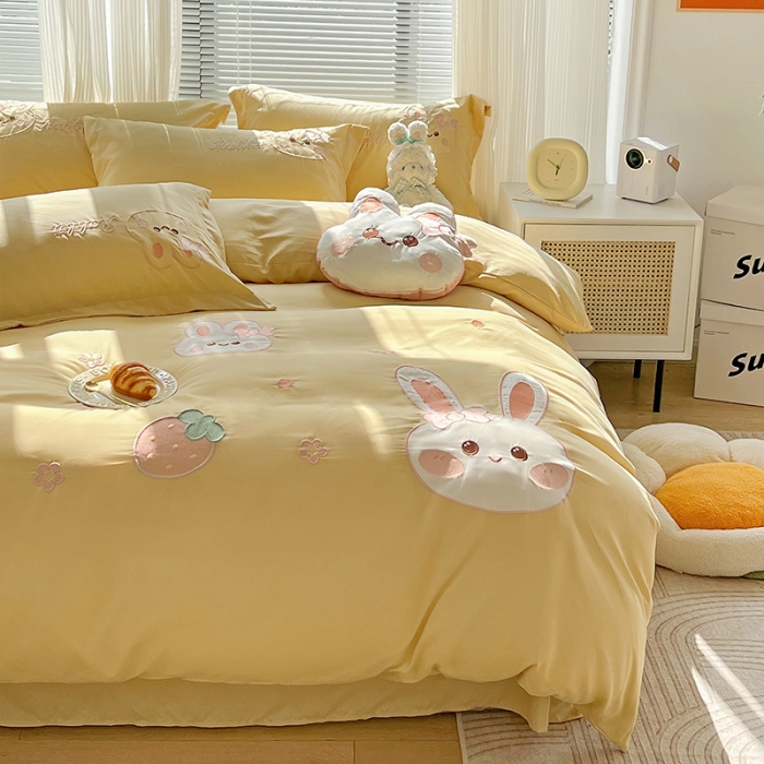 91家纺网 家纺一手货源 找家纺 娜娜 2023新款加密水洗棉刺绣四件套-萌萌兔 萌萌兔-奶油黄