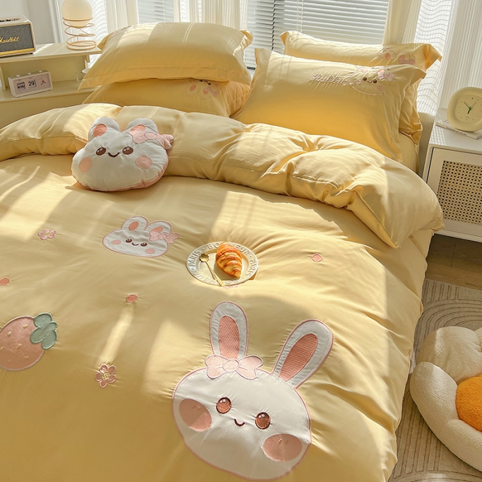 91家纺网 家纺一手货源 找家纺 娜娜 2023新款加密水洗棉刺绣四件套-萌萌兔 萌萌兔-奶油黄