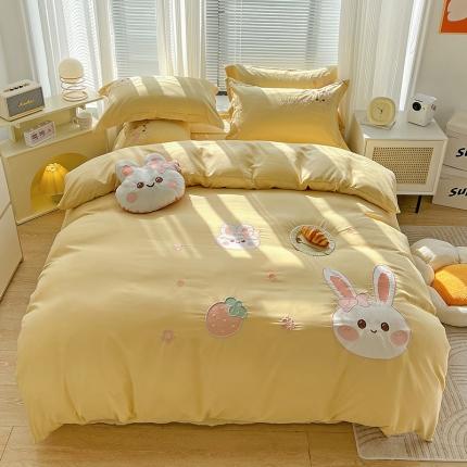娜娜 2023新款加密水洗棉刺绣四件套-萌萌兔 萌萌兔-奶油黄