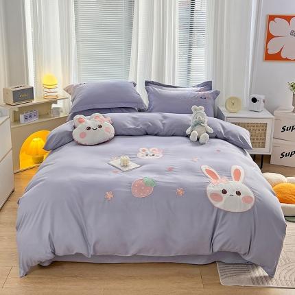 娜娜 2023新款加密水洗棉刺绣四件套-萌萌兔 萌萌兔-优雅紫