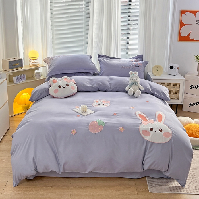 91家纺网 家纺一手货源 找家纺 娜娜 2023新款加密水洗棉刺绣四件套-萌萌兔 萌萌兔-优雅紫