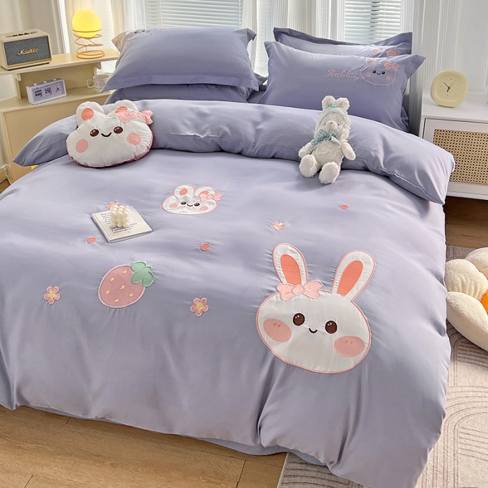 91家纺网 家纺一手货源 找家纺 娜娜 2023新款加密水洗棉刺绣四件套-萌萌兔 萌萌兔-优雅紫