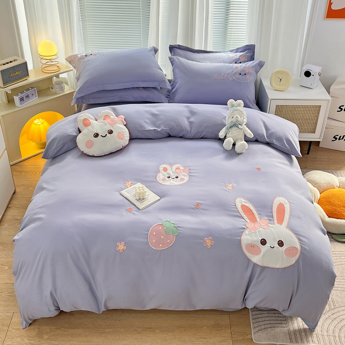 91家纺网 家纺一手货源 找家纺 娜娜 2023新款加密水洗棉刺绣四件套-萌萌兔 萌萌兔-优雅紫