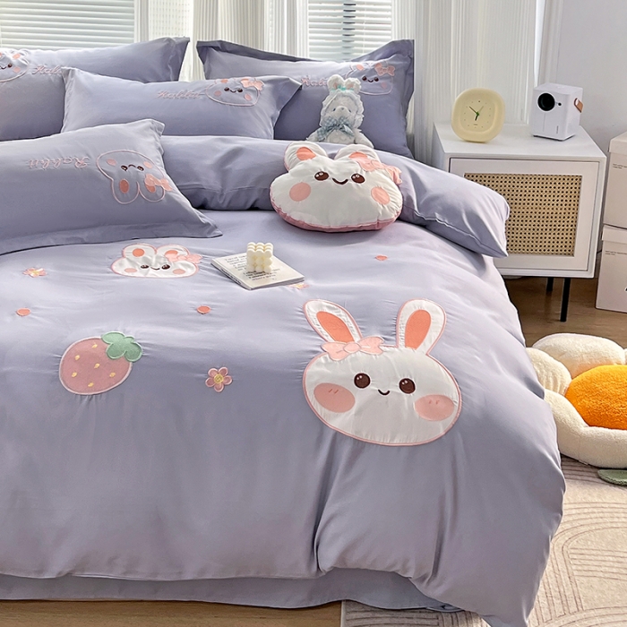 91家纺网 家纺一手货源 找家纺 娜娜 2023新款加密水洗棉刺绣四件套-萌萌兔 萌萌兔-优雅紫