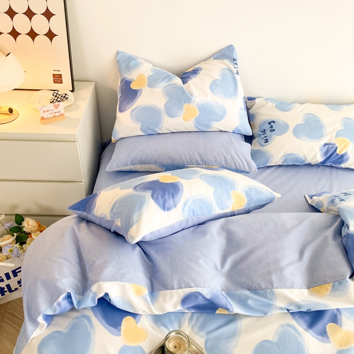 91家纺网 家纺一手货源 找家纺 简宜家居 2023新款小清新卡通纯棉全棉斜纹四件套 蓝色心愿