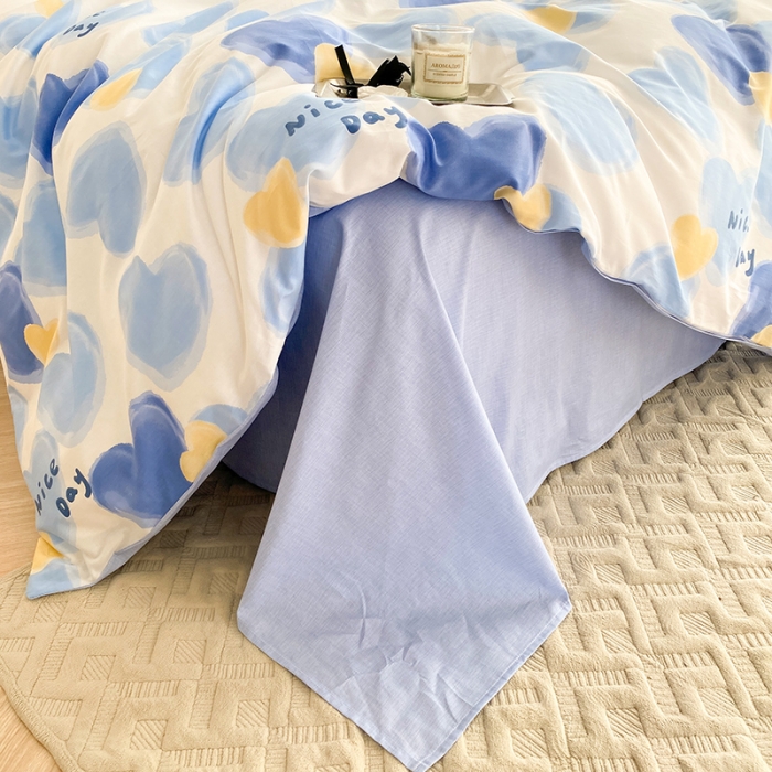 91家纺网 家纺一手货源 找家纺 简宜家居 2023新款小清新卡通纯棉全棉斜纹四件套 蓝色心愿