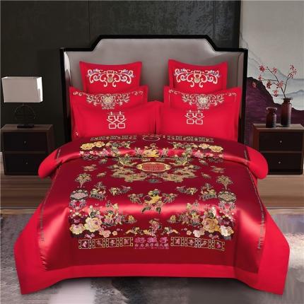 91家纺网 家纺一手货源 找家纺 玉雅家纺 2025新款婚庆绸缎被面结婚喜被龙凤百子单被套 龙凤百子-红