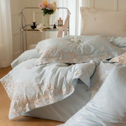 鹿班家居 100支长绒棉刺绣四件套-白月影 月光蓝标准会员-20