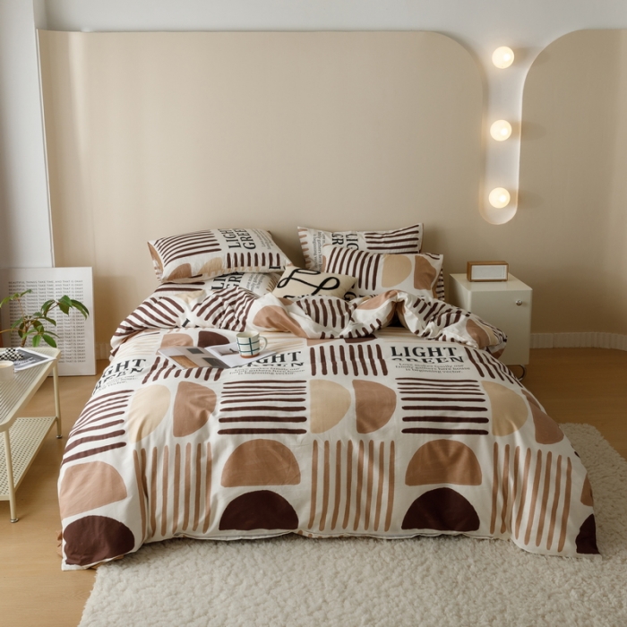 91家纺网 家纺一手货源 找家纺 蓝邻家纺 2023新款全棉印花四件套简约系类四件套 布亚-咖