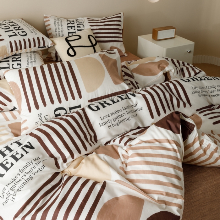 91家纺网 家纺一手货源 找家纺 蓝邻家纺 2023新款全棉印花四件套简约系类四件套 布亚-咖