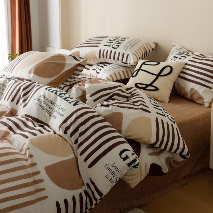 91家纺网 家纺一手货源 找家纺 蓝邻家纺 2023新款全棉印花四件套简约系类四件套 布亚-咖