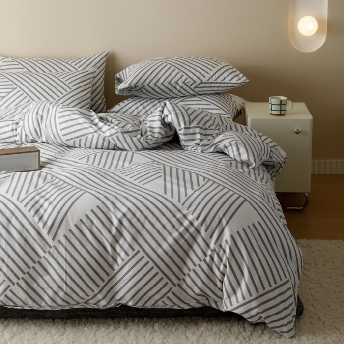 91家纺网 家纺一手货源 找家纺 蓝邻家纺 2023新款全棉印花四件套简约系类四件套 语初-灰