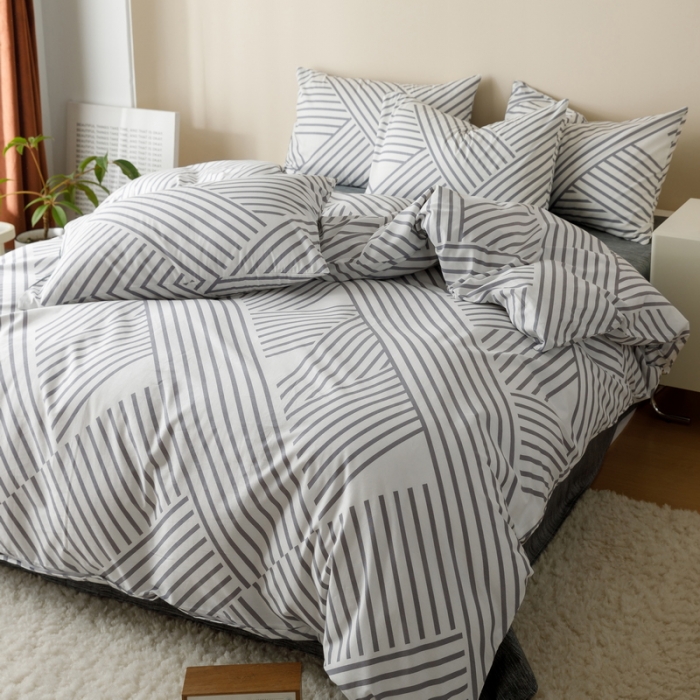 91家纺网 家纺一手货源 找家纺 蓝邻家纺 2023新款全棉印花四件套简约系类四件套 语初-灰