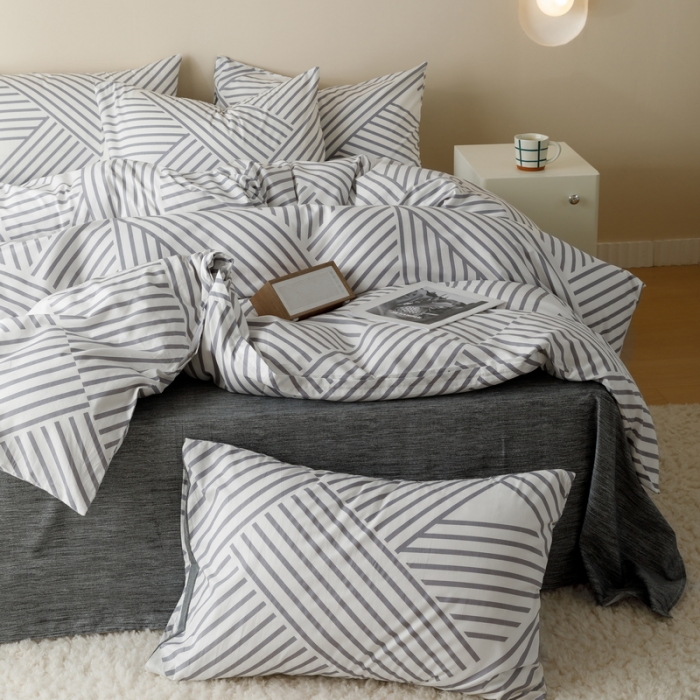 91家纺网 家纺一手货源 找家纺 蓝邻家纺 2023新款全棉印花四件套简约系类四件套 语初-灰