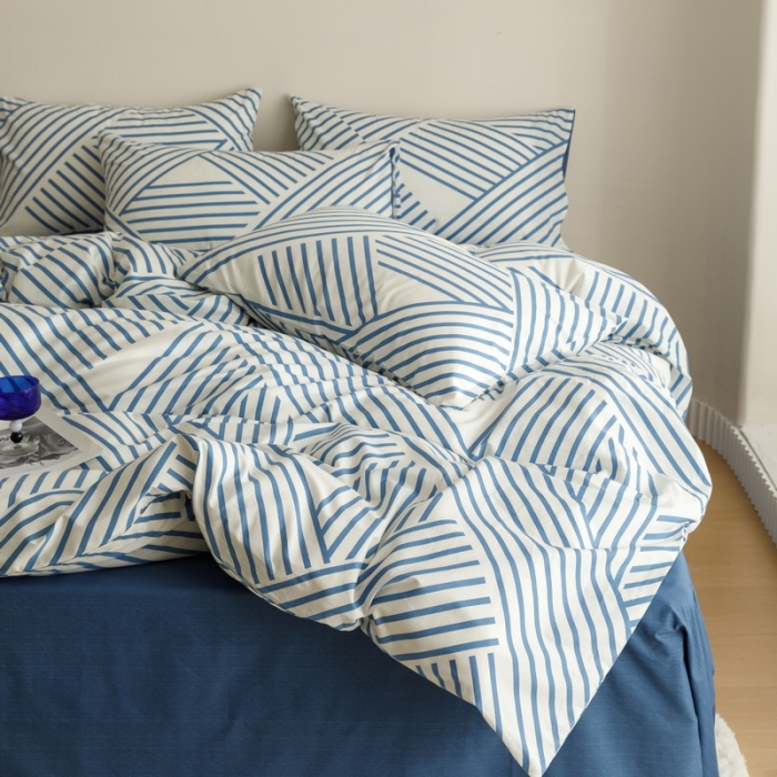 91家纺网 家纺一手货源 找家纺 蓝邻家纺 2023新款全棉印花四件套简约系类四件套 语初-蓝